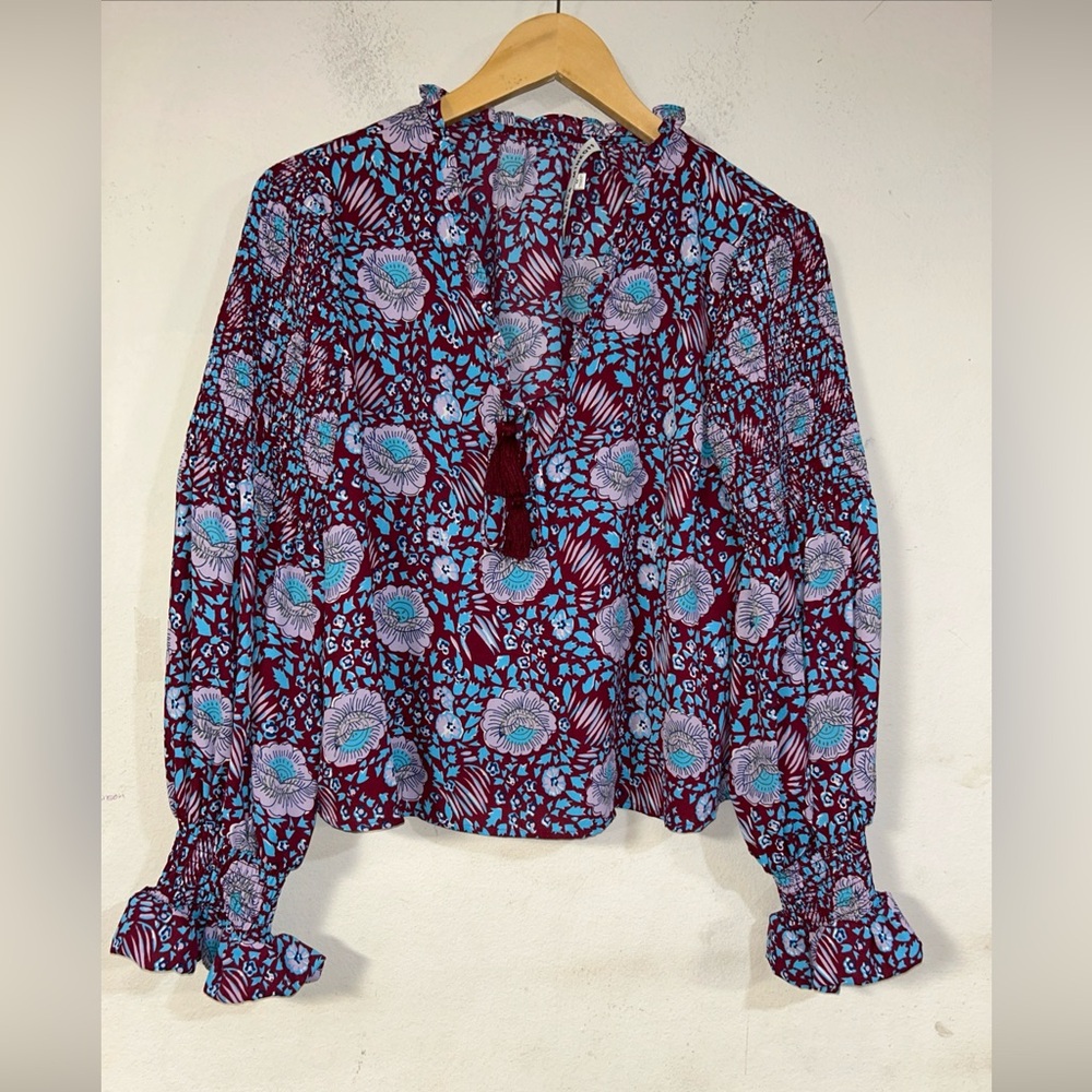 Rebecca Minkoff Penelope Floral Top, Size Medium Crop Long Sleeve, Boho, Tassel*